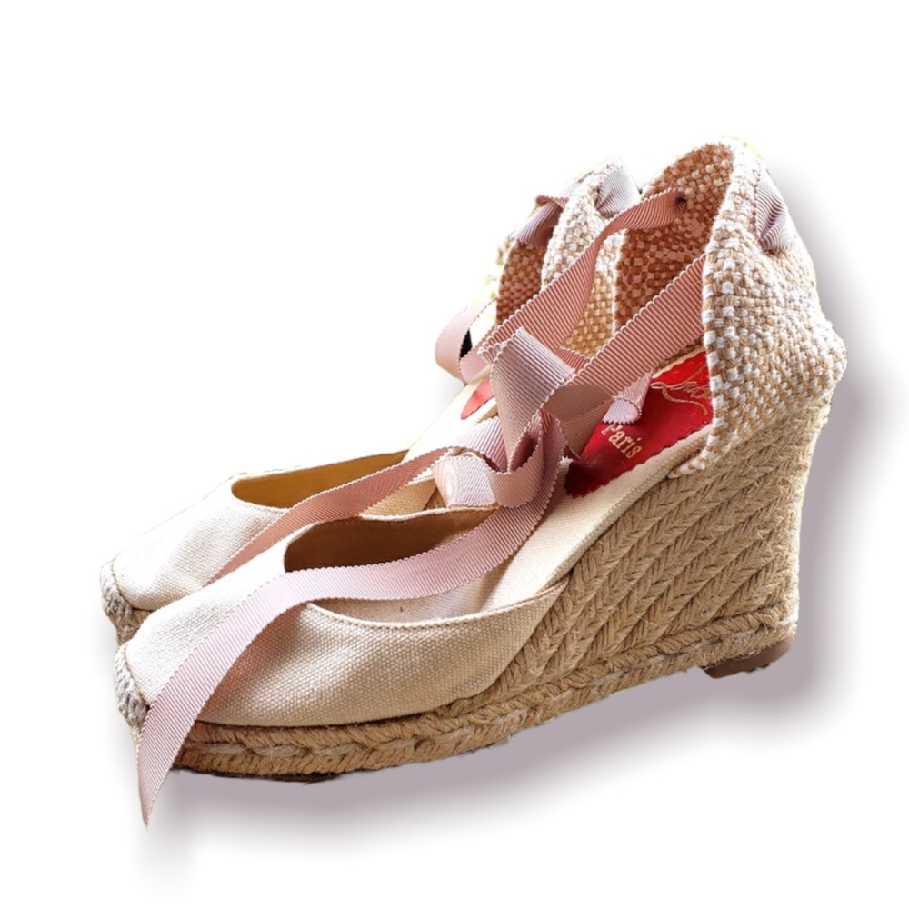 Christian Louboutin Paris Wedge Espadrille Heels Lace Up Ankle